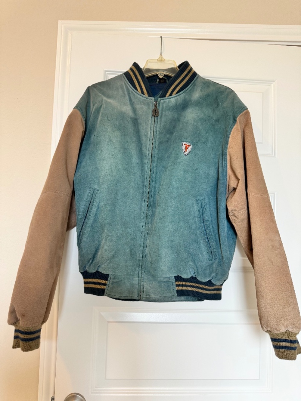 Vtg Firestone Suede Jacket Men L Dunbrooke Leather Bomber Work-TEAL TAN Color